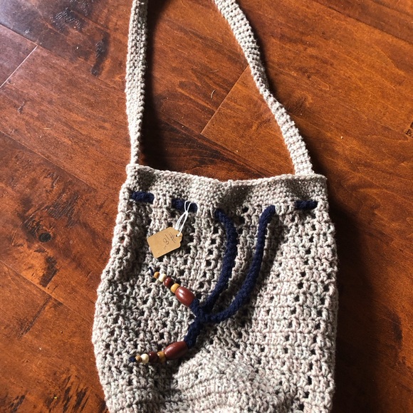 Boho tote sand colour with blue beaded drawstring - Picture 1 of 1